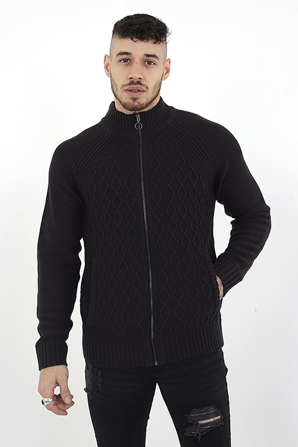 BRAVE SOUL, Pulover cu fermoar si model torsade, Bleumarin inchis