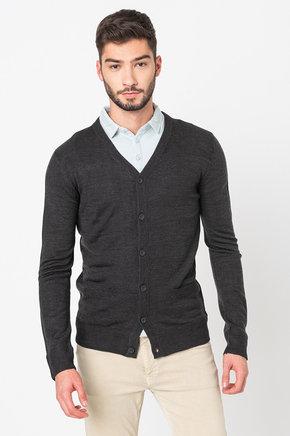 BRAVE SOUL, Cardigan tricotat fin cu decolteu in V, Gri inchis, XL