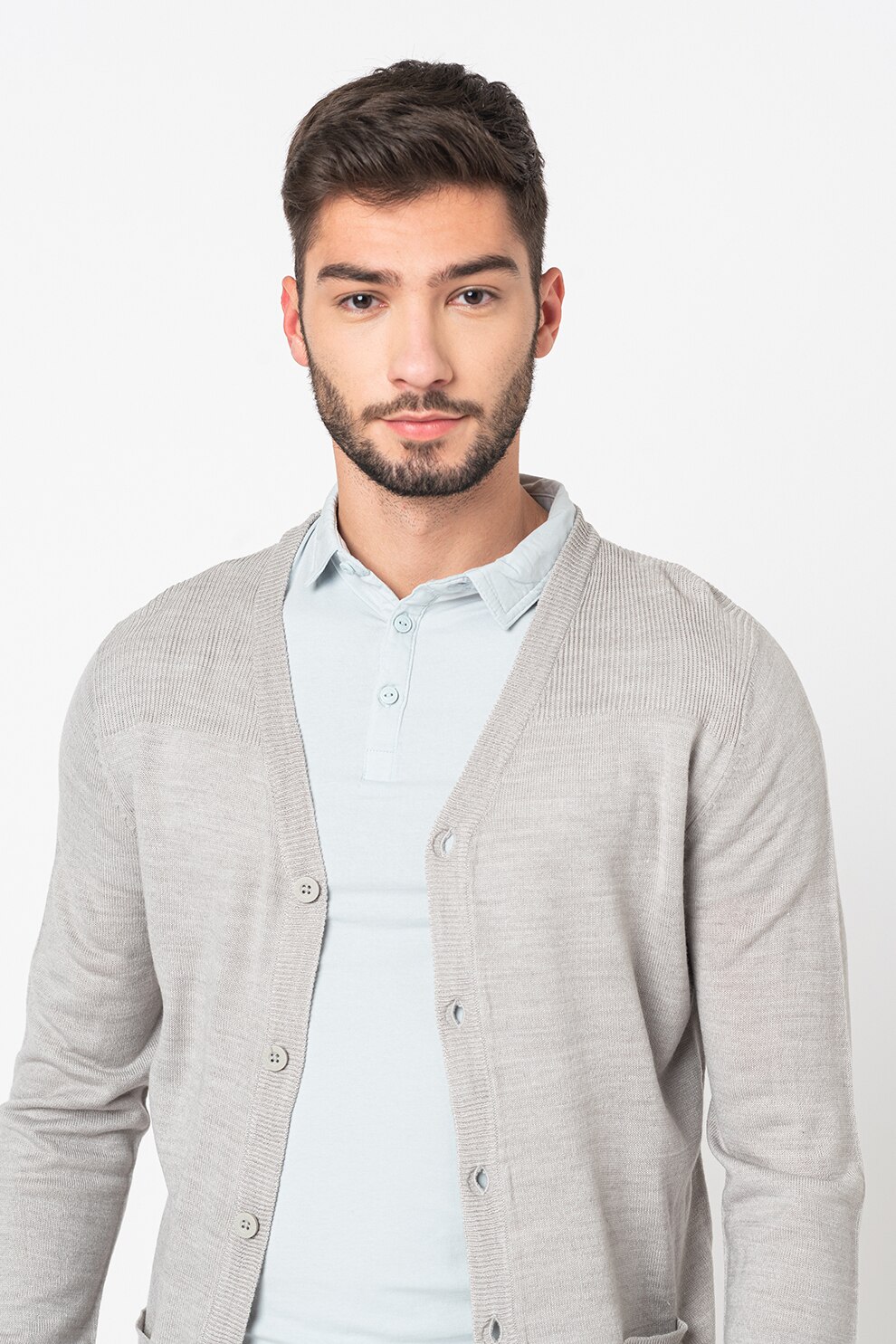 BRAVE SOUL, Cardigan tricotat fin cu decolteu in V, Gri cenusa, XL