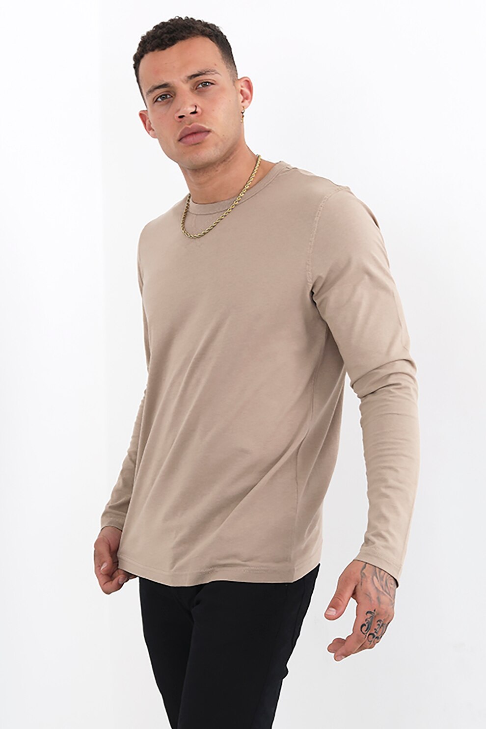 BRAVE SOUL, Bluza de bumbac cu decolteu la baza gatului Prague, Maro nisip, M