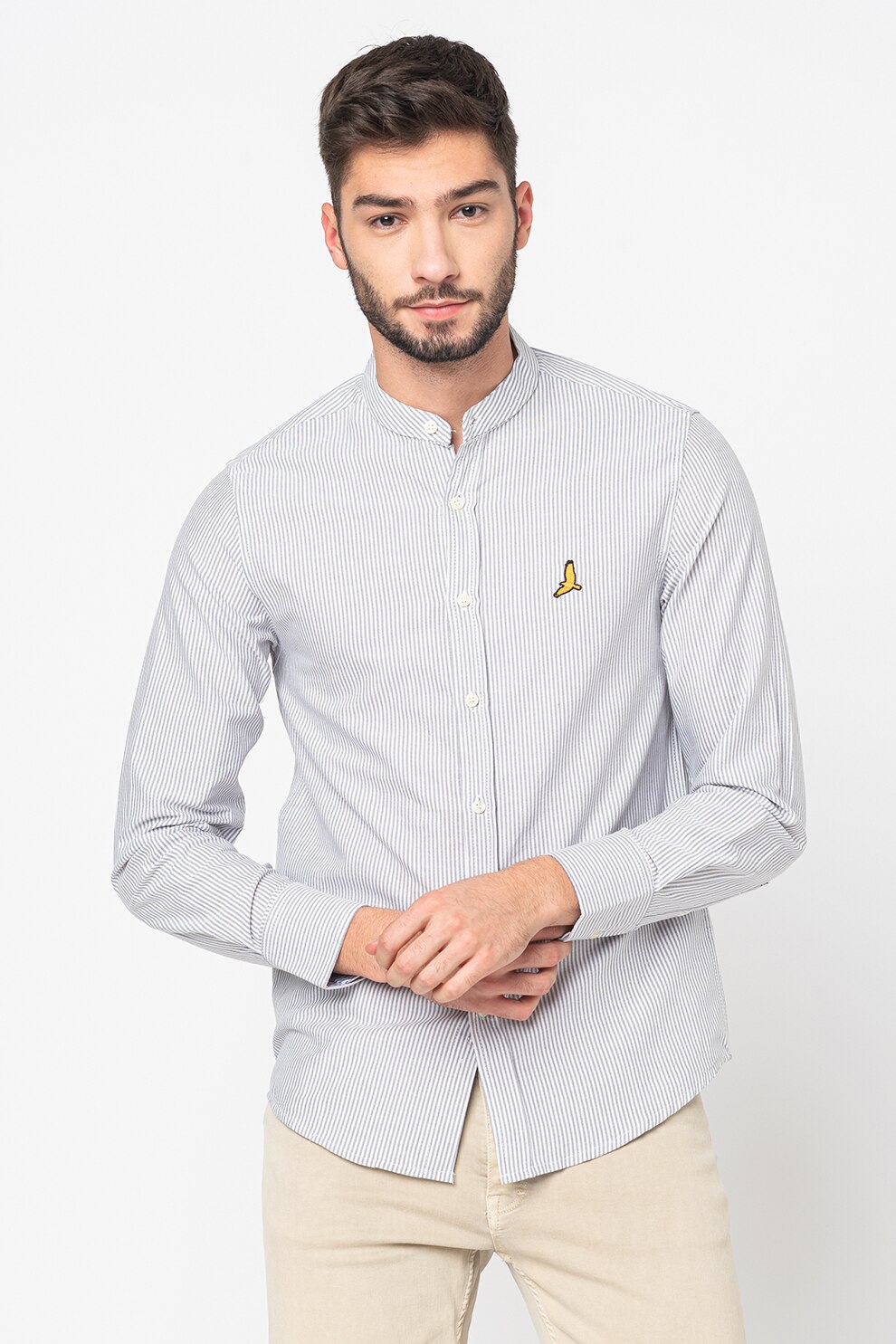 BRAVE SOUL, Camasa in dungi cu guler Mao Levine, Gri/Alb, S