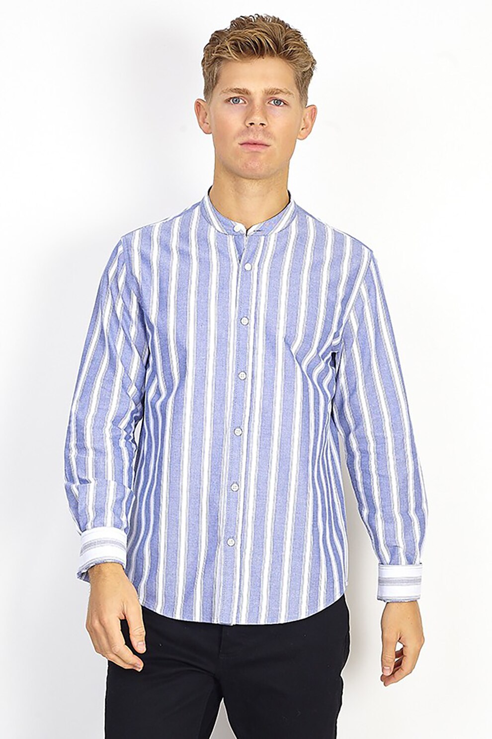 BRAVE SOUL, Camasa in dungi cu guler tunica Raffael, Alb/Albastru