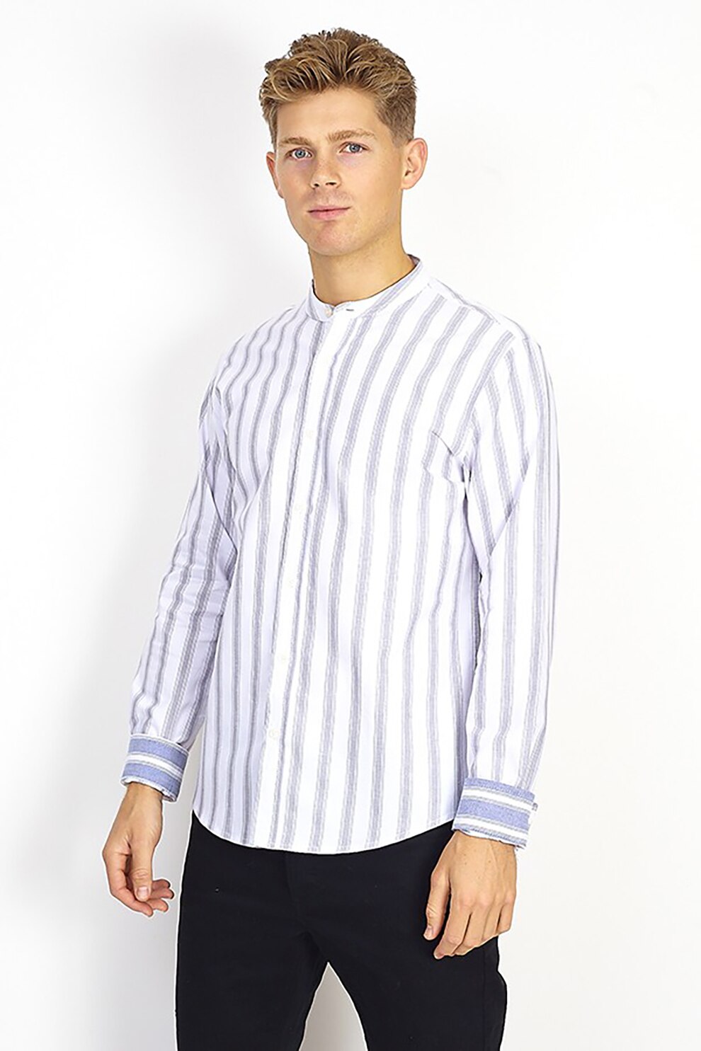 BRAVE SOUL, Camasa in dungi cu guler tunica Raffael, Alb/Gri