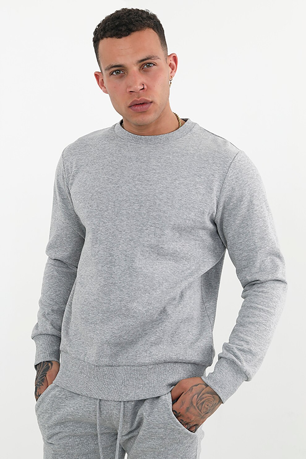 BRAVE SOUL, Bluza sport cu decolteu la baza gatului, din amestec de bumbac, Gri deschis melange, XL