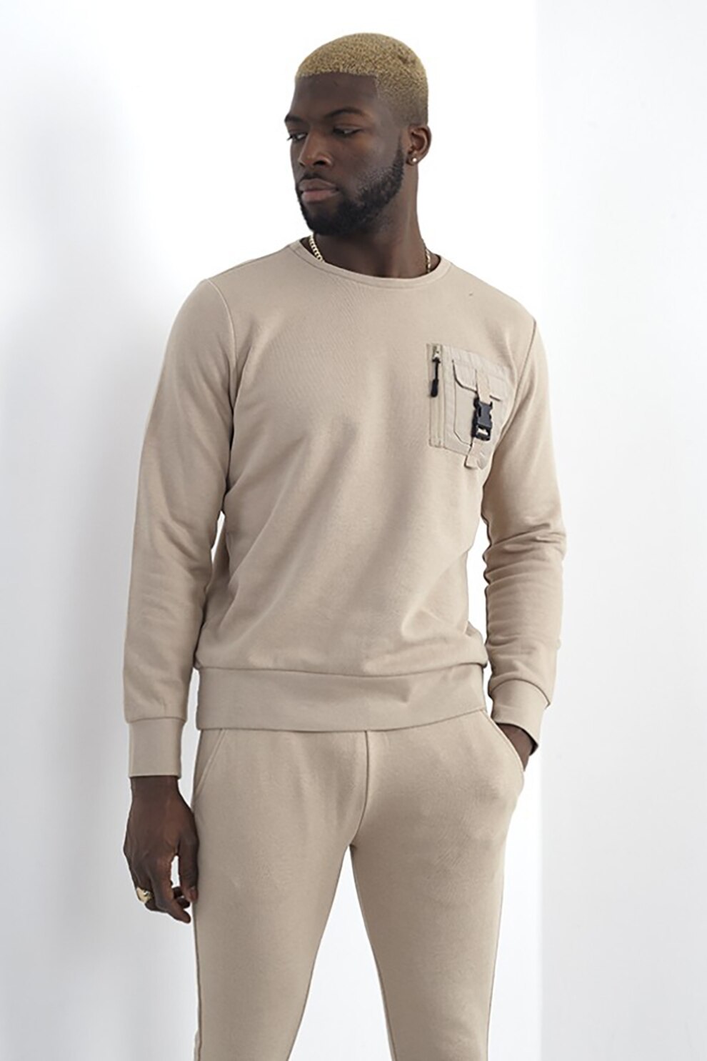 BRAVE SOUL, Bluza sport regular fit cu buzunare pe piept, Maro nisip, XL