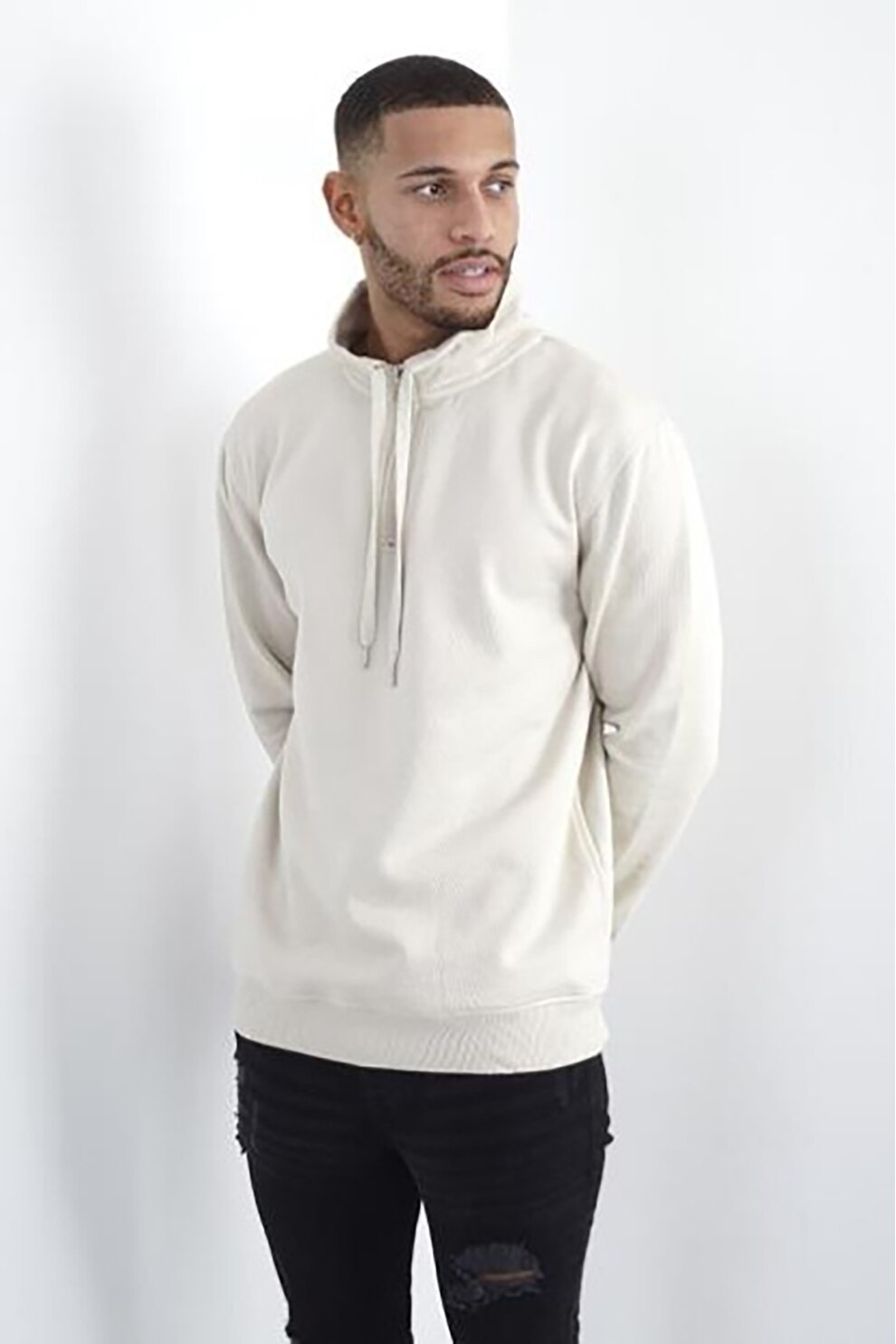 BRAVE SOUL, Bluza sport cu fermoar scurt si guler ajustabil, Alb prafuit