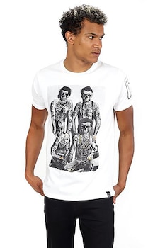 BRAVE SOUL - Памучна тениска с овално деколте и щампа, Бял/черен