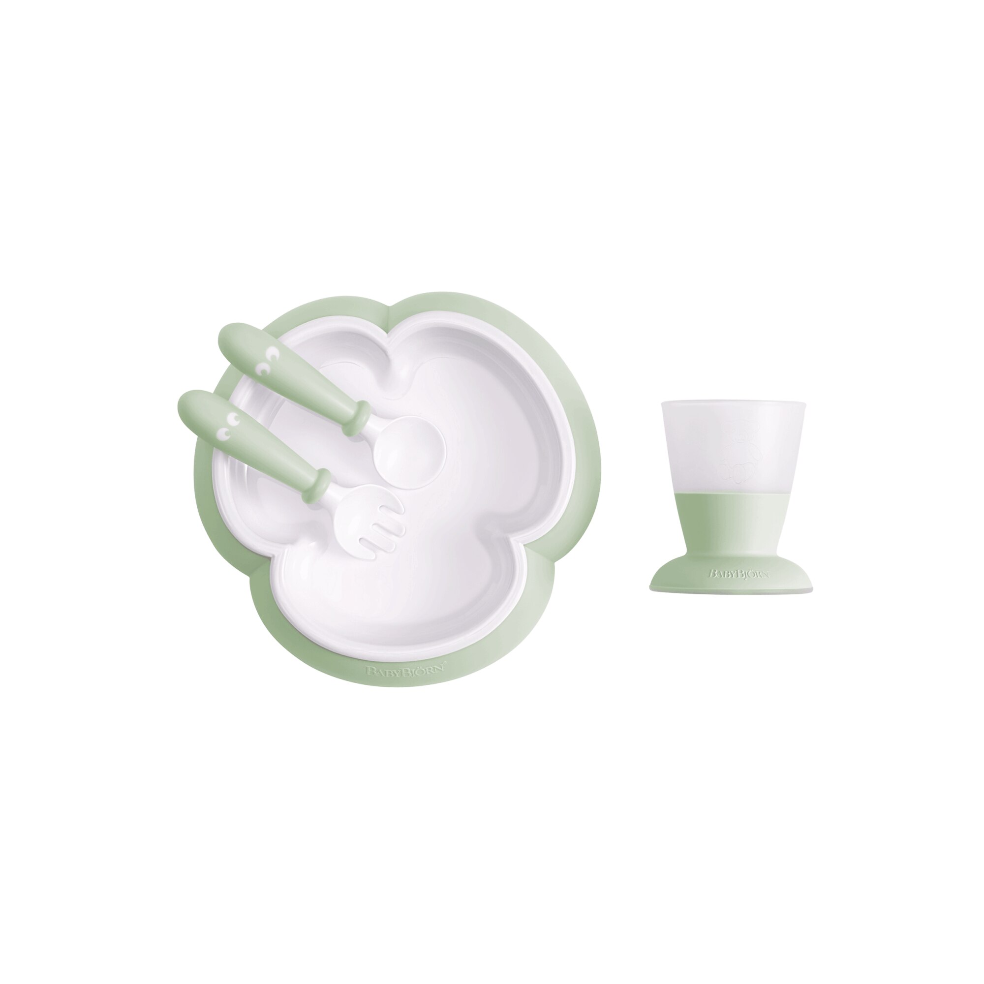 Set hranire: farfurie, lingurita, furculita si pahar pentru bebe, Powder Green, BabyBjorn