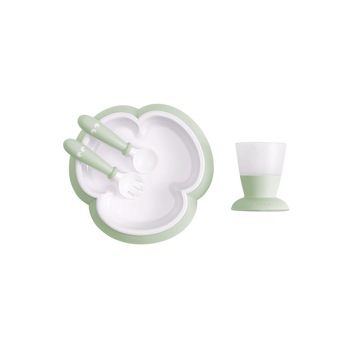 Set hranire: farfurie, lingurita, furculita si pahar pentru bebe, Powder Green, BabyBjorn Set hranire: farfurie, lingurita, furculita si pahar pentru bebe, Powder Green, BabyBjorn