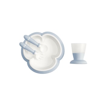 Set hranire: farfurie, lingurita, furculita si pahar pentru bebe, Powder Blue, BabyBjorn Set hranire: farfurie, lingurita, furculita si pahar pentru bebe, Powder Blue, BabyBjorn