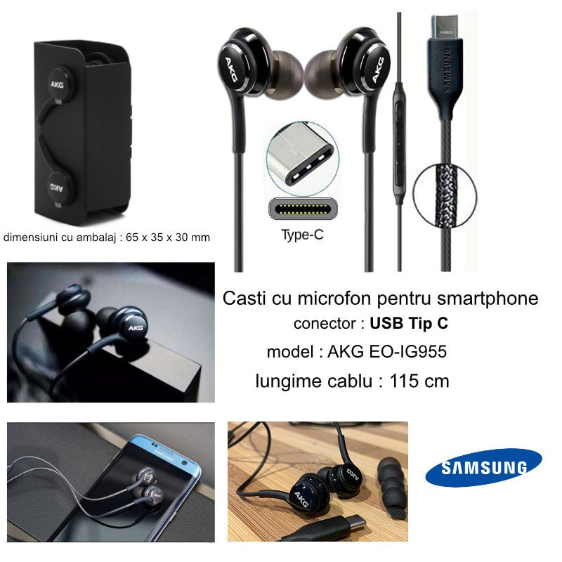 Casti cu microfon, AKG EO-IG955 GALAXY S10 plus, control pe fir, cablu 115 cm, conector USB Tip C, negru Negru
