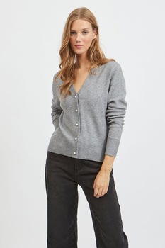 Vila, Cardigan cu nasturi cu perle sintetice, Gri melange, S Vila, Cardigan cu nasturi cu perle sintetice, Gri melange, S