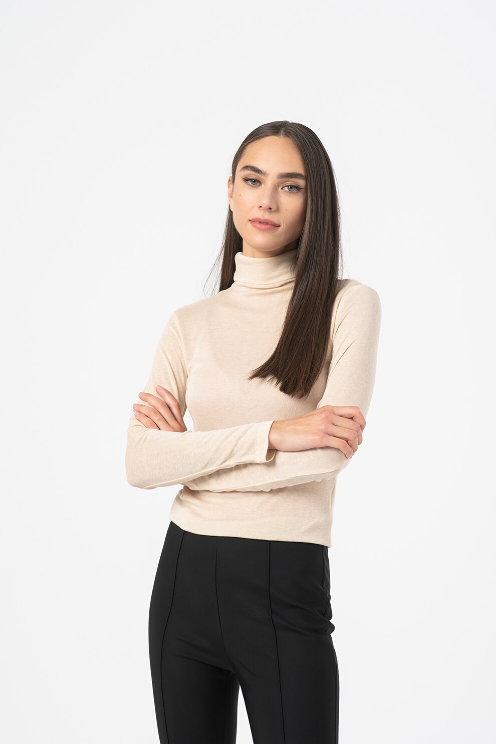 Vila, Bluza din amestec de lyocell si jerseu cu guler inalt Coza, Alb fildes