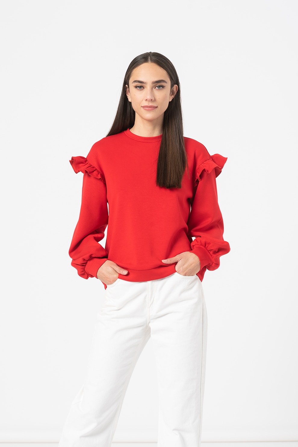 Vila, Bluza sport cu decolteu la baza gatului si volane, Rosu