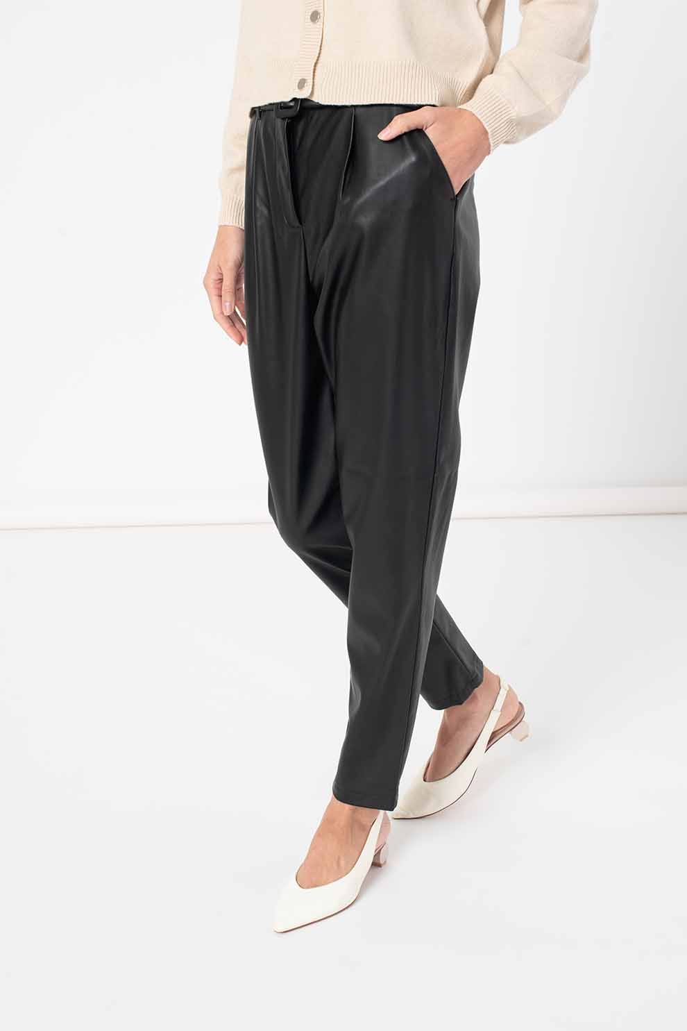 Vila, Pantaloni de piele ecologica cu talie inalta Sybille, Negru