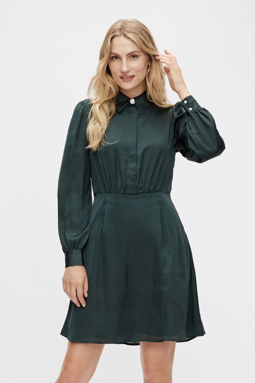 Vila, Rochie evazata din satin, Verde inchis