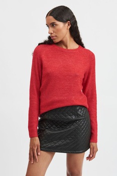 Vila, Pulover din amestec de lana cu decolteu la baza gatului, Rosu, L Vila, Pulover din amestec de lana cu decolteu la baza gatului, Rosu, L