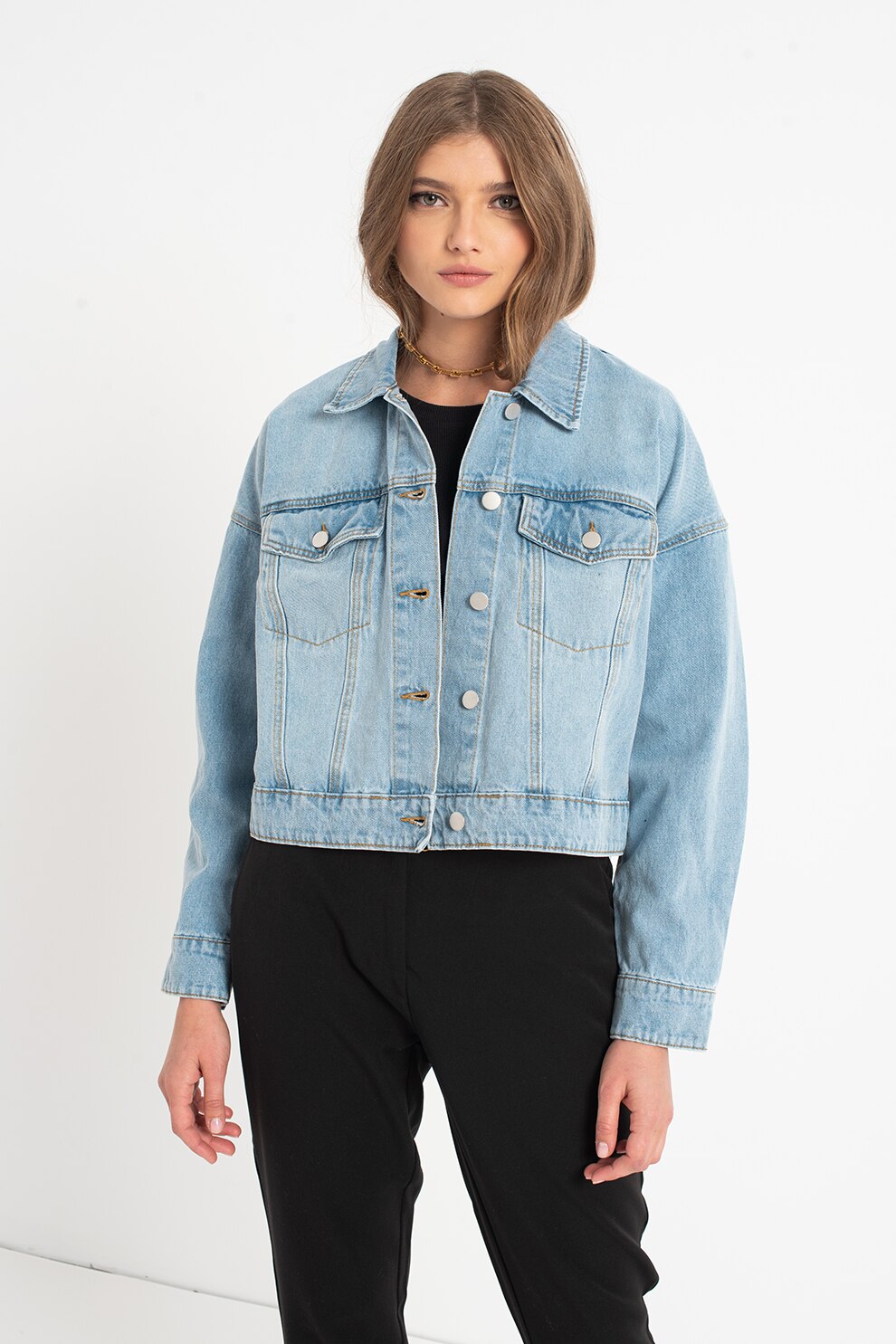 Vila, Jacheta din denim cu buzunare pe piept Loma, Albastru deschis