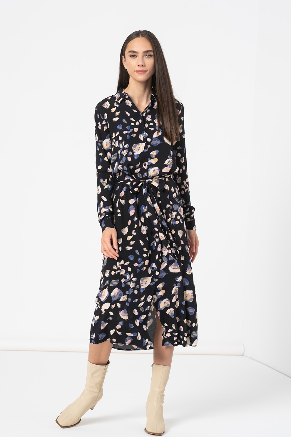 Vila, Rochie midi evazata cu model grafic, Negru/Crem, S