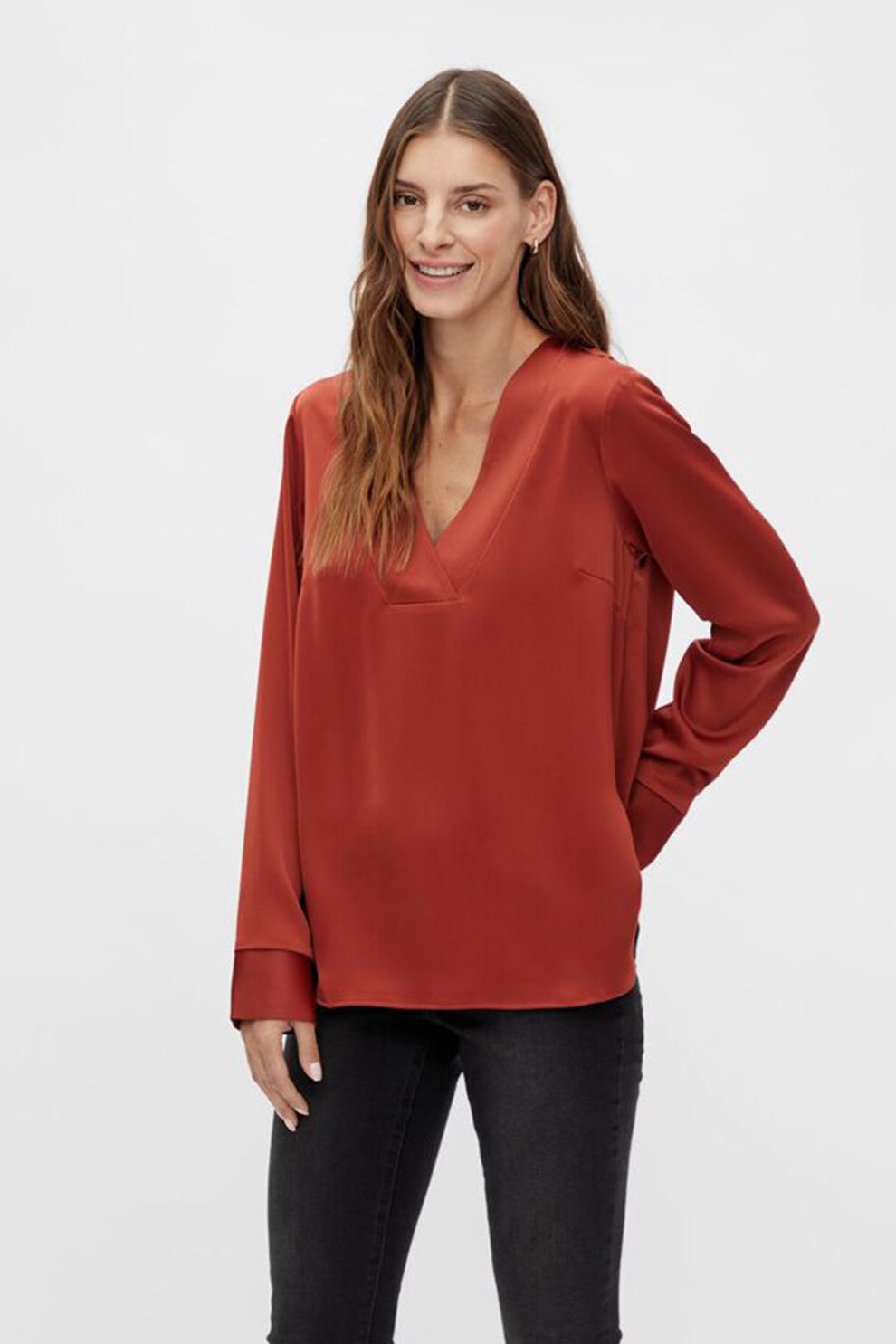 Vila, Bluza vaporoasa din satin cu decolteu in V, Oranj stins