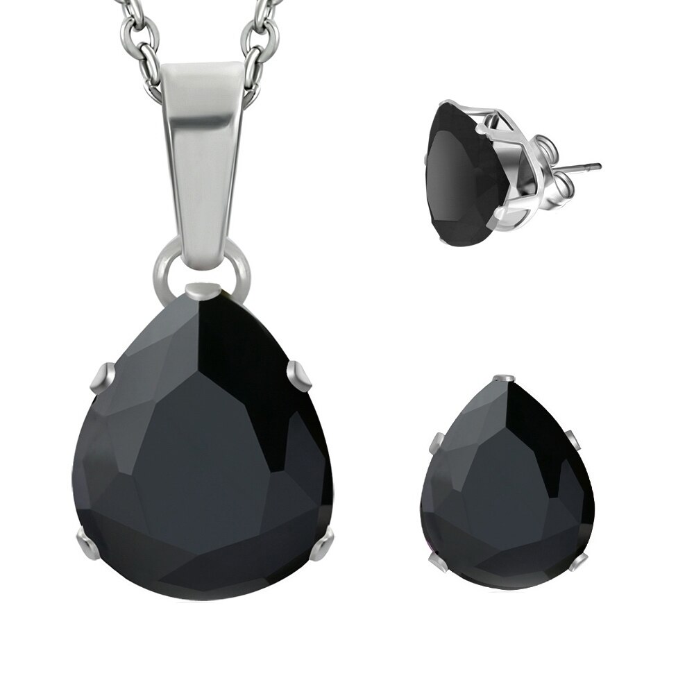 Set din inox cu zirconii negre in forma de picatura