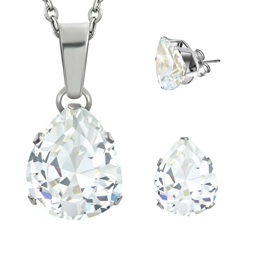 Set inox cu zirconii albe in forma de picatura