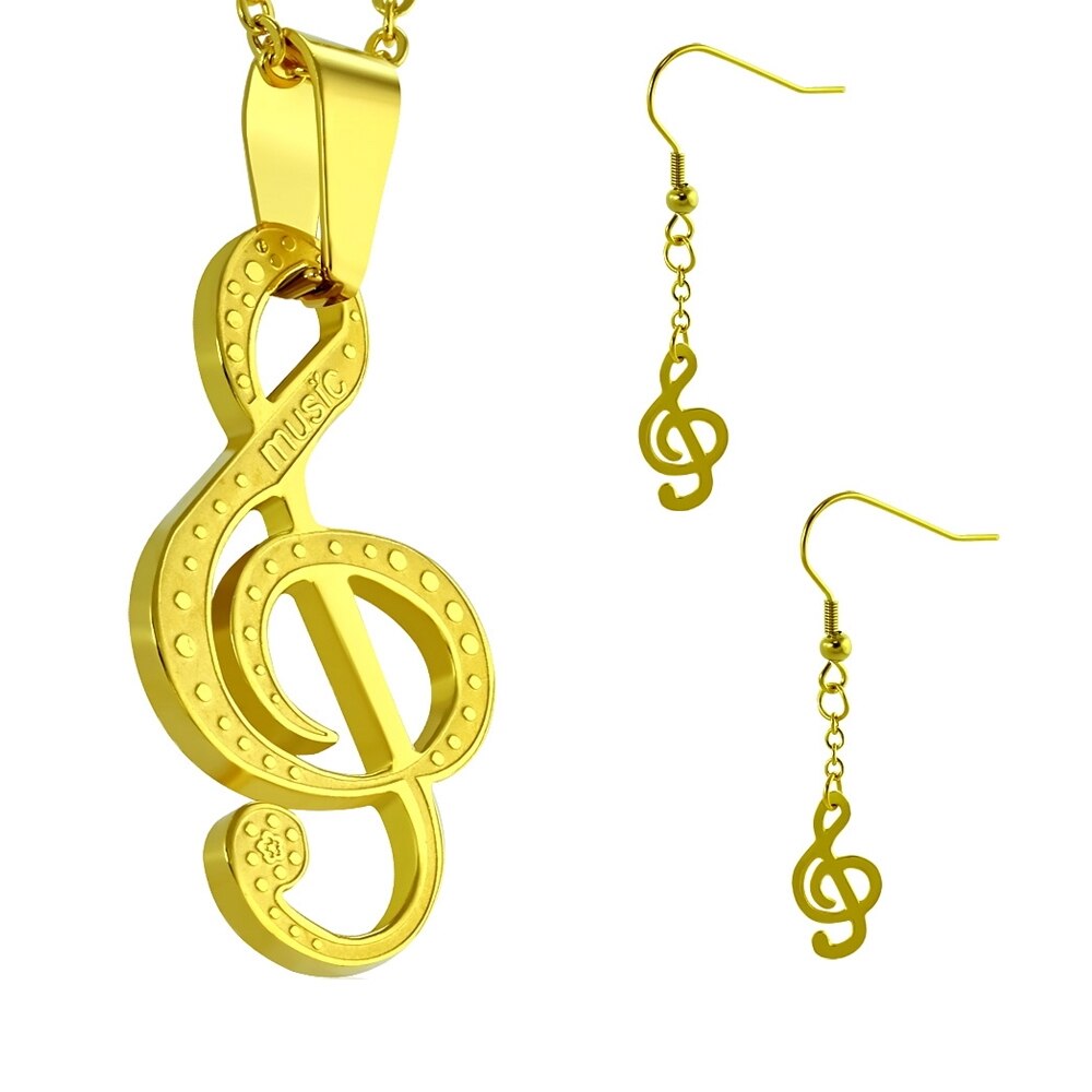 Set colier si cercei aurii inox cu note muzicale Music