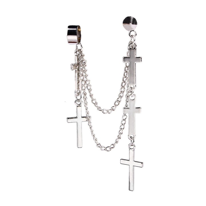 Cercel tip ear cuff, model cu doua lanturi si cinci cruci mici Argintiu