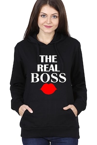 Egyedi női pulóver "The real boss", Fekete, S