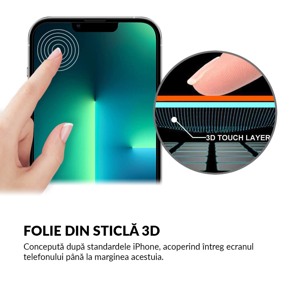 Folie Sticla Dr.Shield, Compatibil Apple iPhone 13 Pro, Protectie Profesionala Ecran 3D, Full Cover- Negru