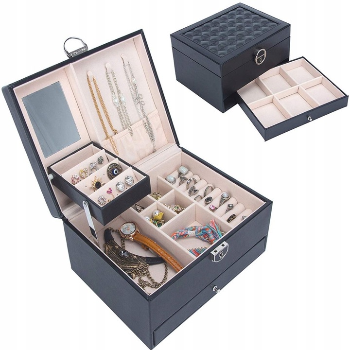 Cutie De Bijuterii, 2 Nivele, AB HOMES®, Compartimente Multiple, Incuietoare Cu Cheie, 22.5 x 17 x 12 cm, Piele ecologica, Negru