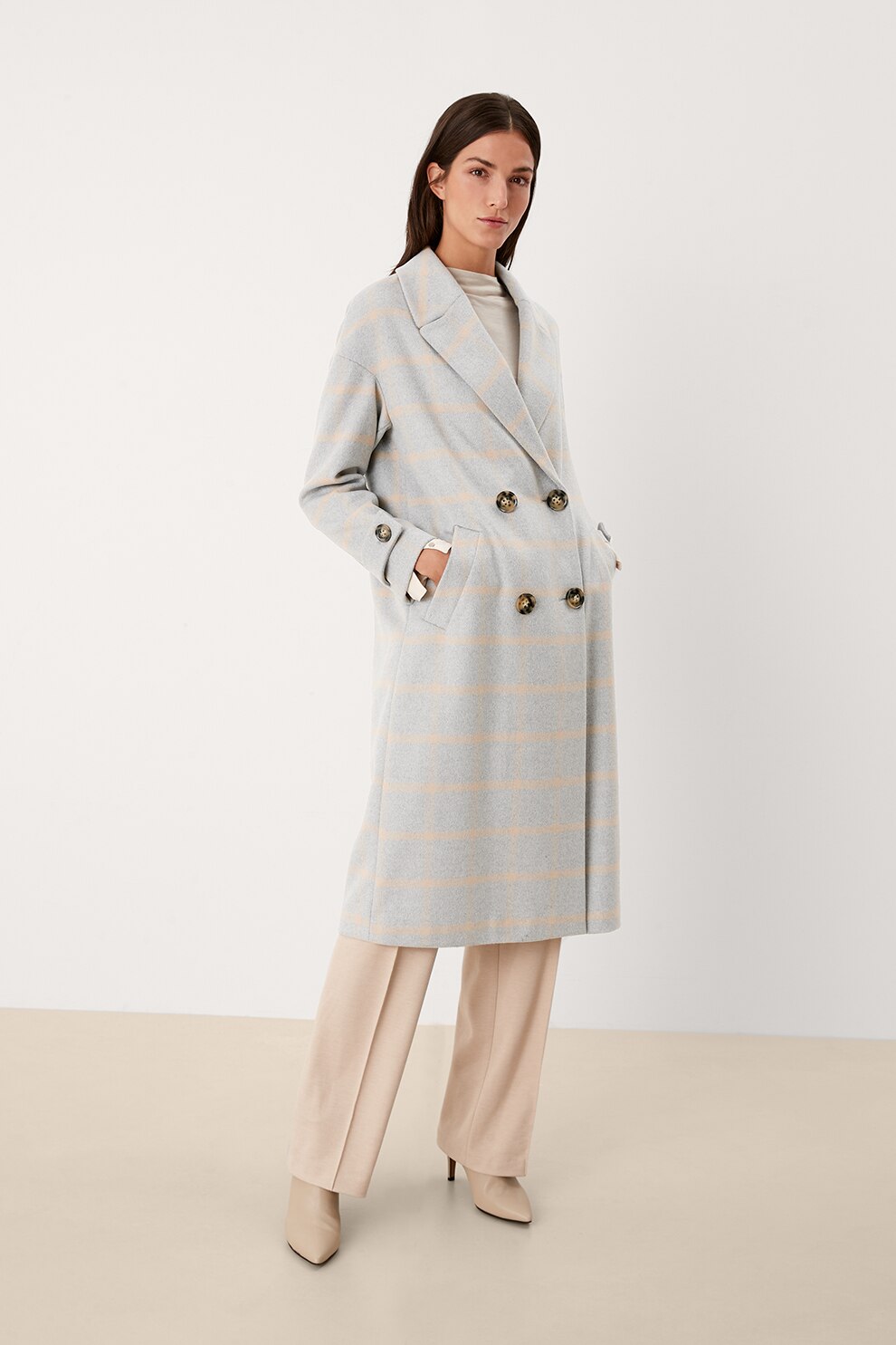 s.Oliver, Palton lung din amestec de lana cu model in carouri, Albastru deschis