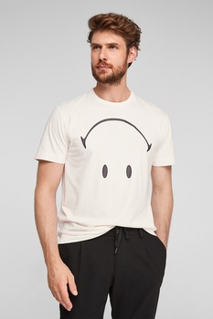 s.Oliver, Tricou de bumbac cu decolteu la baza gatului, Alb/Negru s.Oliver, Tricou de bumbac cu decolteu la baza gatului, Alb/Negru