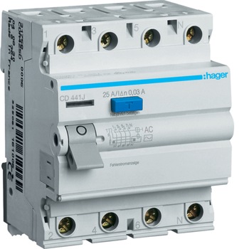 Diferential, Hager, 40A, 4P, 30MA, 6KA, Curba C, TIP AC, CD441J Diferential, Hager, 40A, 4P, 30MA, 6KA, Curba C, TIP AC, CD441J
