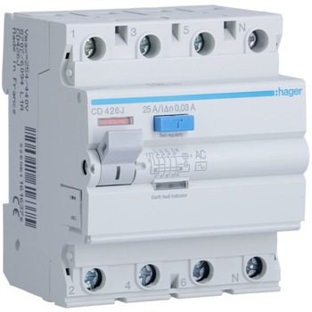 Diferential, Hager, 25A, 4P, 30MA, 6KA, Curba C, TIP AC, CD426J Diferential, Hager, 25A, 4P, 30MA, 6KA, Curba C, TIP AC, CD426J