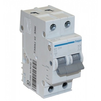 Siguranta Automata, Hager, 6A, 2P, 4.5KA, Curba C, MY206 Siguranta Automata, Hager, 6A, 2P, 4.5KA, Curba C, MY206