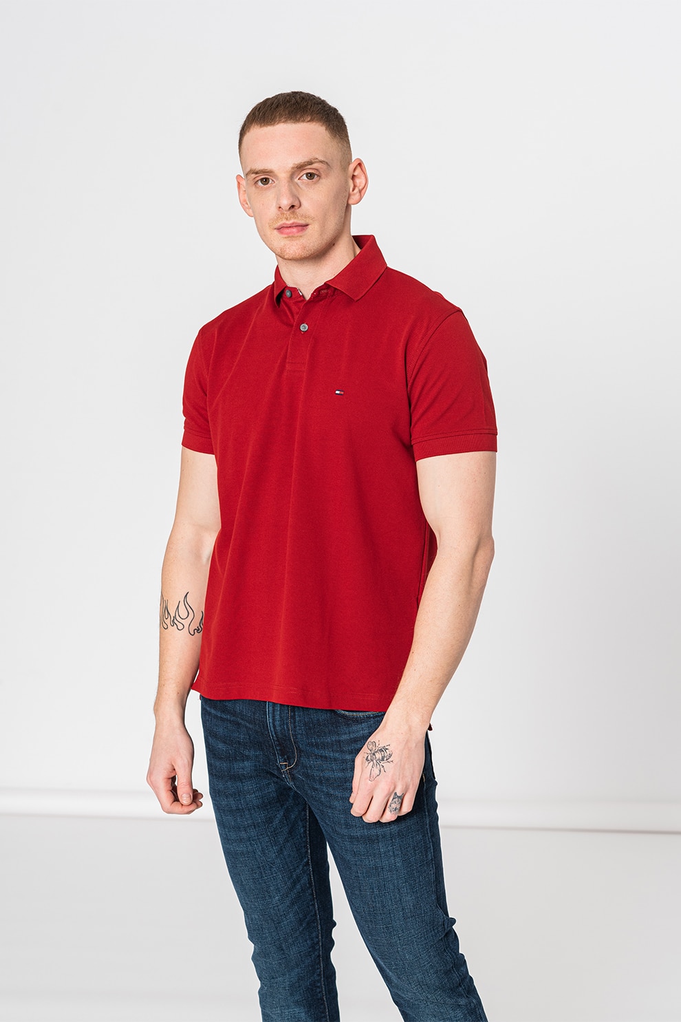 Tommy Hilfiger, Tricou polo din amestec de bumbac organic 1985, Rosu inchis, M