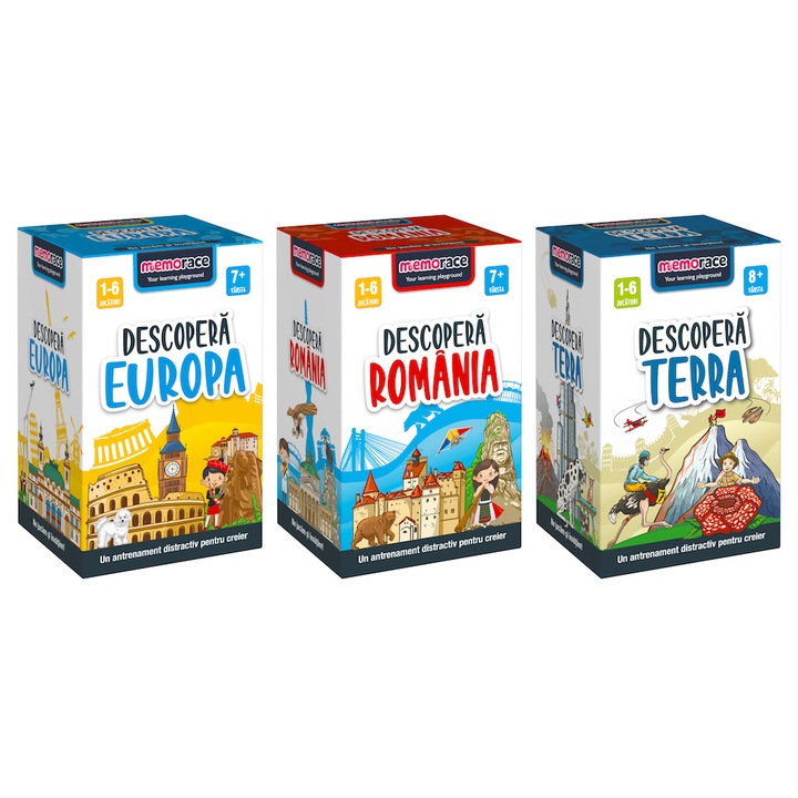 Pachet 3 jocuri educative Memorace - Descoperă Europa, Romania si Terra