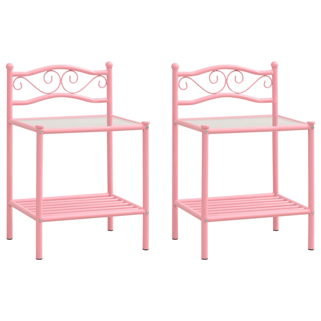 Set de 2 noptiere cu 2 rafturi, vidaXL, Metal/Sticla, 43x33x65 cm, Roz