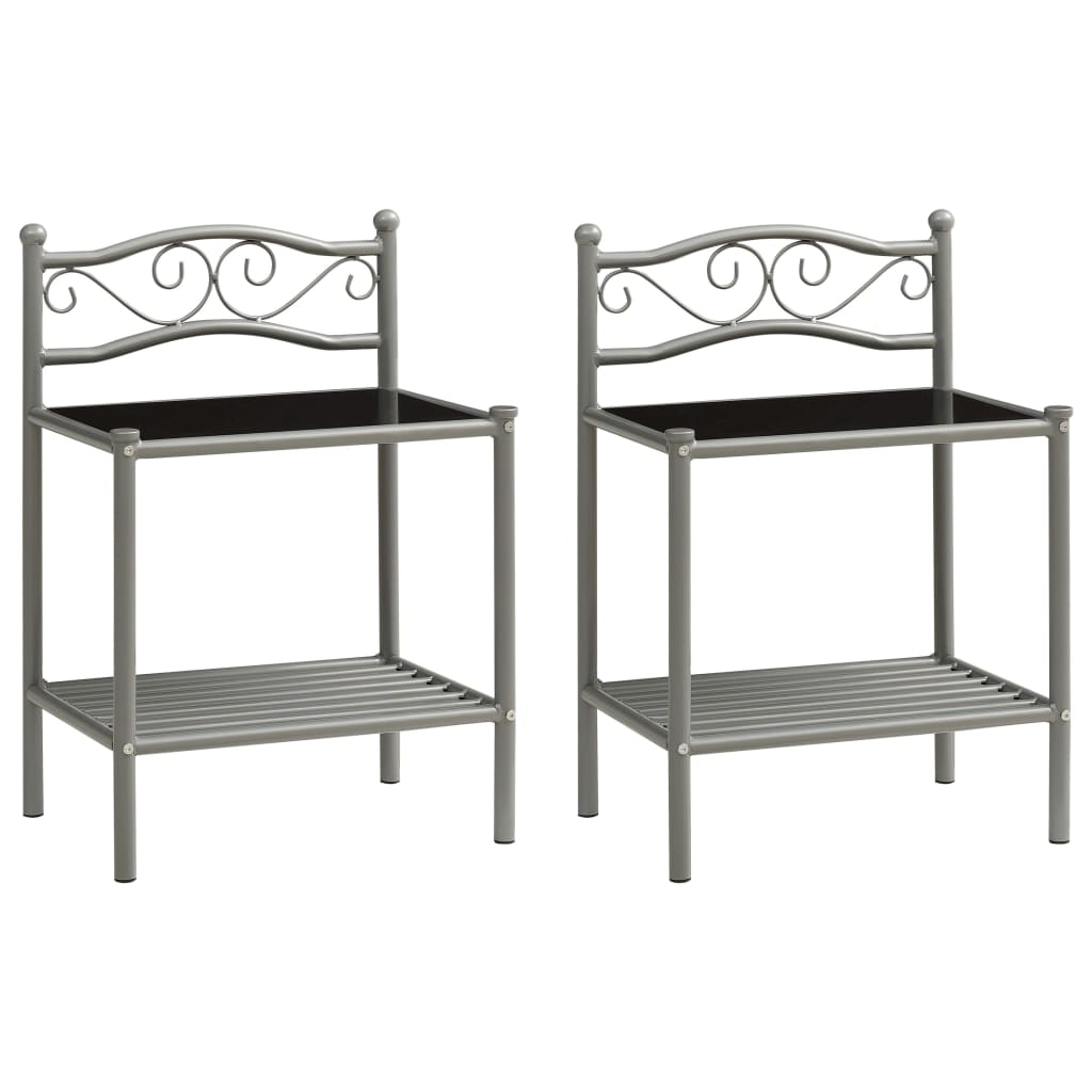 Set 2 noptiere cu 2 rafturi, vidaXL, Metal/Sticla, 43x33x65 cm, Negru/Gri
