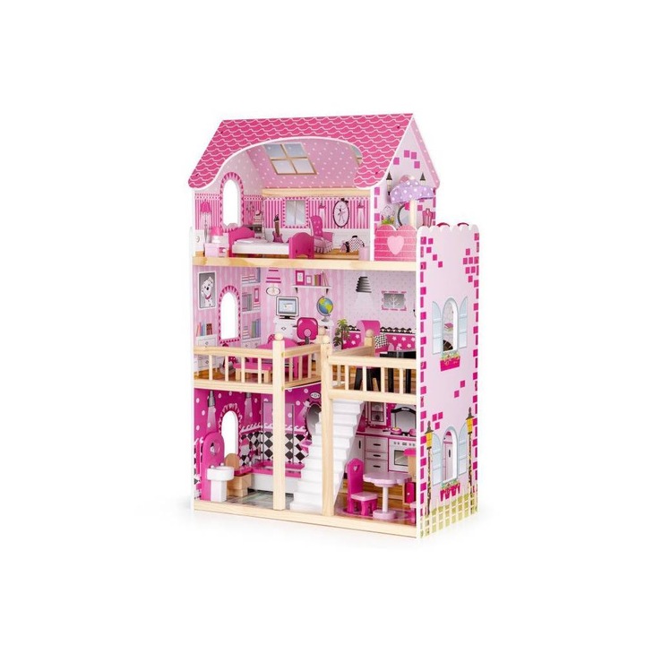 Детска къща за кукли Bigshot, BS6391PINK, 3 нива, 5 стаи, Баня, Кухня, Тераса, Светодиодни лампи, 17 броя мебели, 90 x 59 x 30 см, Розов