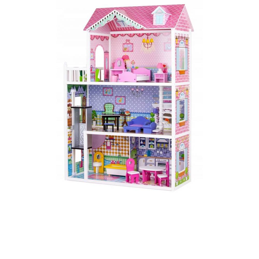 Casuta de Joaca Pentru Copii, Bigshot BS43004MC, 3 Niveluri, 4 Incaperi, Lift, Terasa, 17 piese de mobilier, 123.5 x 84 x 33.5 cm, Multicolora