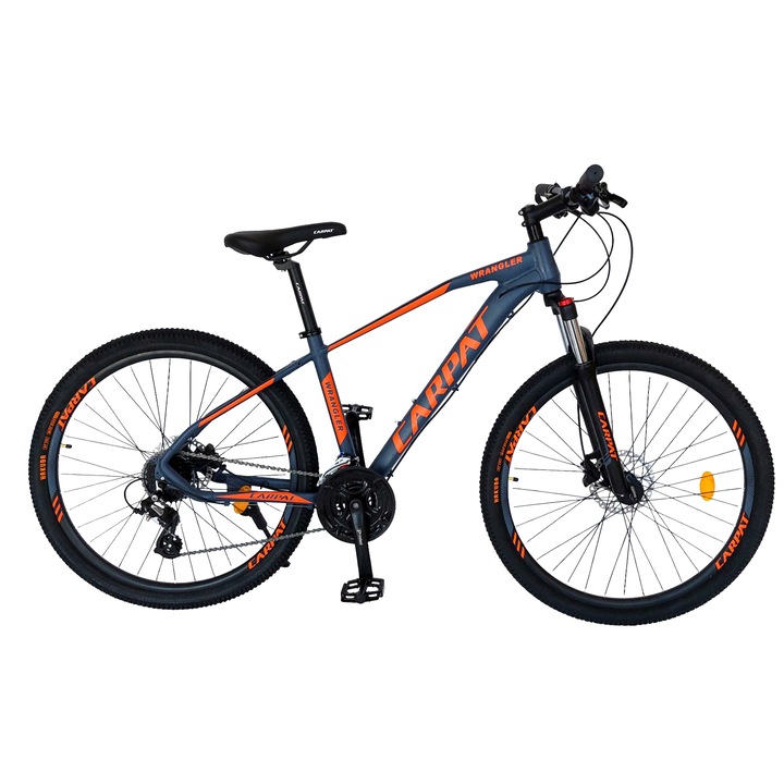 Bicicleta Mountain Bike Carpat Wrangler, Schimbator Shimano Altus RD-M310-L, 24 Viteze, Cadru Aluminiu, Roti 27.5 Inch, Frane Hidraulice, , Negru cu Design Portocaliu