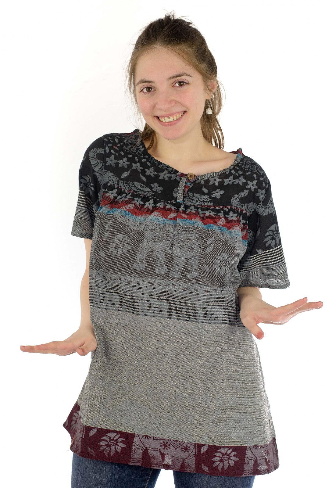 Bluza Ucca din bumbac cu maneca scurta, Gri inchis, Color combo 13