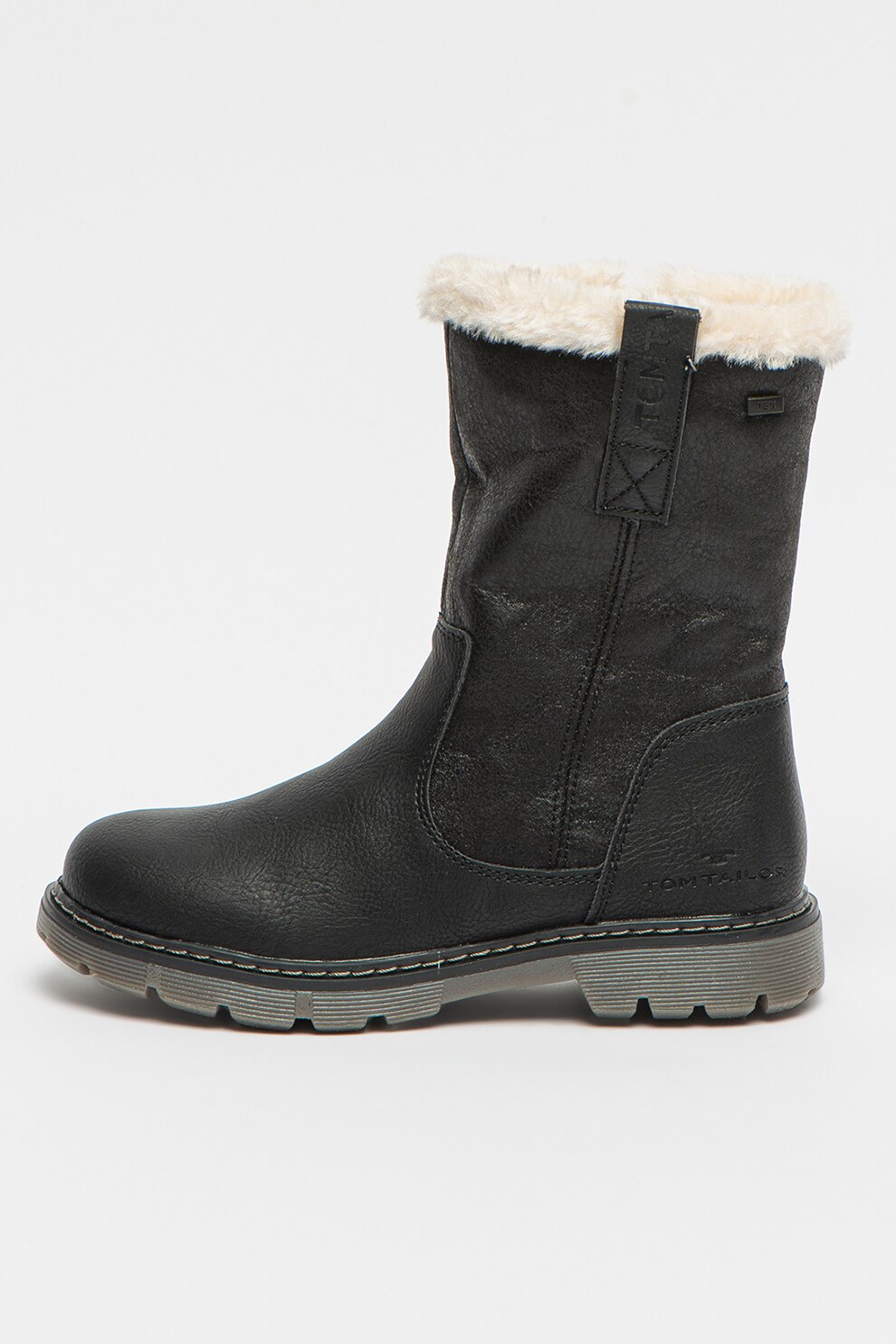 Tom Tailor, Cizme de piele ecologica cu garnituri din material teddy, Negru