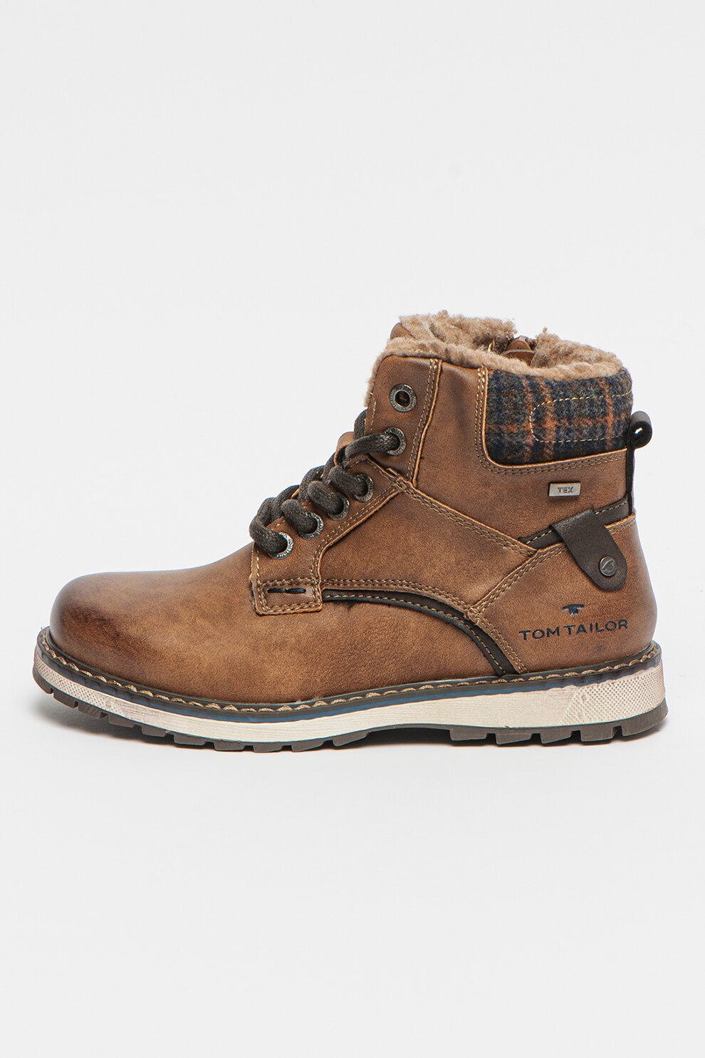 Tom Tailor, Ghete de piele ecologica cu logo, MAro caramel/Maro inchis