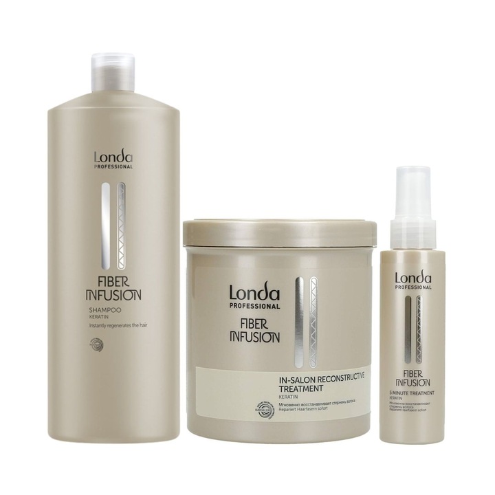Pachet pentru par deteriorat, Londa Professional, Sampon Fiber Infusion 1000ml + Tratament Fiber Infusion 750ml + Tratament 5min 100ml