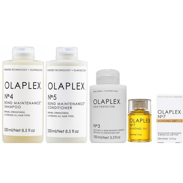 Kit pentru Intretinerea Parului Olaplex Sampon OLAPLEX No. 4, 250 ml; Balsam OLAPLEX No. 5, 250 ml; Tratament OLAPLEX No. 3, 100 ml; Ulei OLAPLEX No. 7, 30 ml