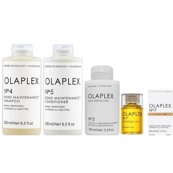 Kit pentru Intretinerea Parului Olaplex Sampon OLAPLEX No. 4, 250 ml; Balsam OLAPLEX No. 5, 250 ml; Tratament OLAPLEX No. 3, 100 ml; Ulei OLAPLEX No. 7, 30 ml Kit pentru Intretinerea Parului Olaplex Sampon OLAPLEX No. 4, 250 ml; Balsam OLAPLEX No. 5, 250 ml; Tratament OLAPLEX No. 3, 100 ml; Ulei OLAPLEX No. 7, 30 ml