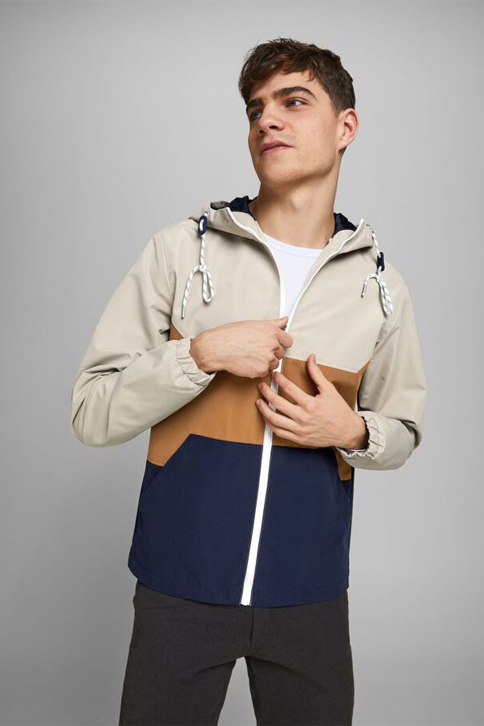 Jack&Jones, Jacheta cu gluga si buzunare oblice, Bej deschia/camel/Bleumarin, M